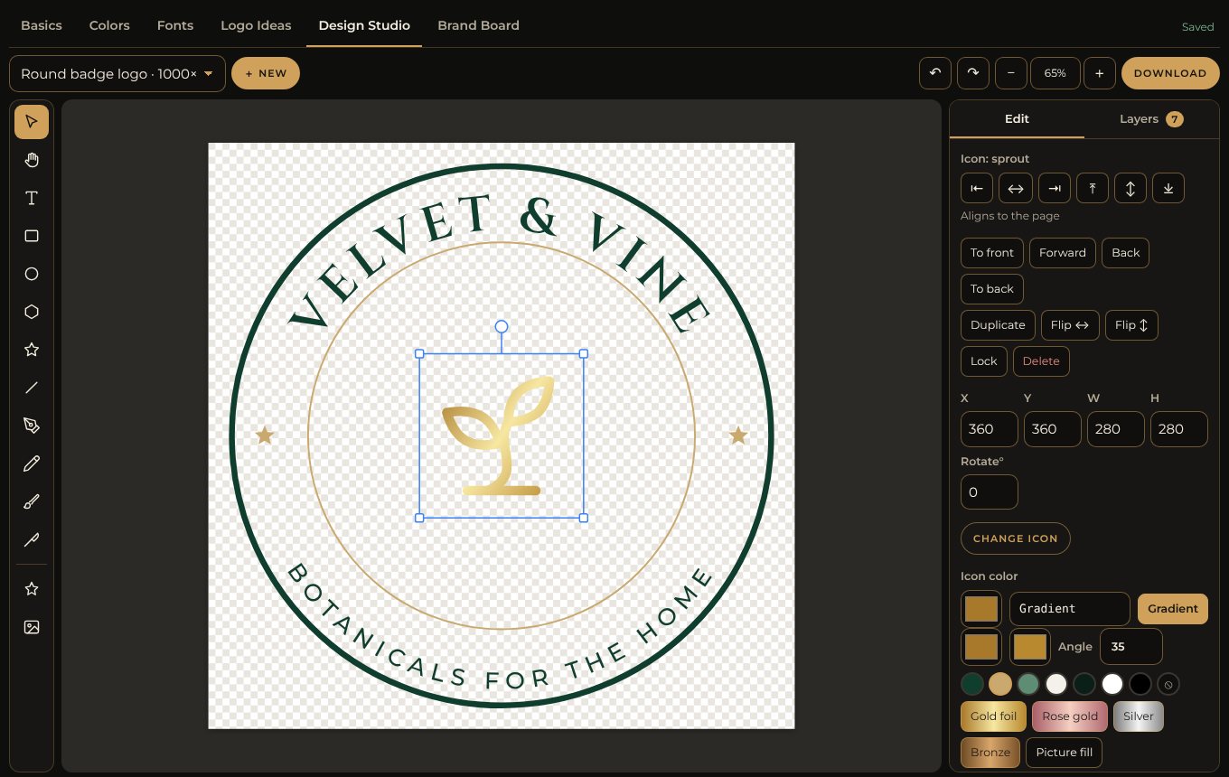 The Brand It Like a CEO design studio editing a round badge logo for a sample brand, Velvet & Vine
