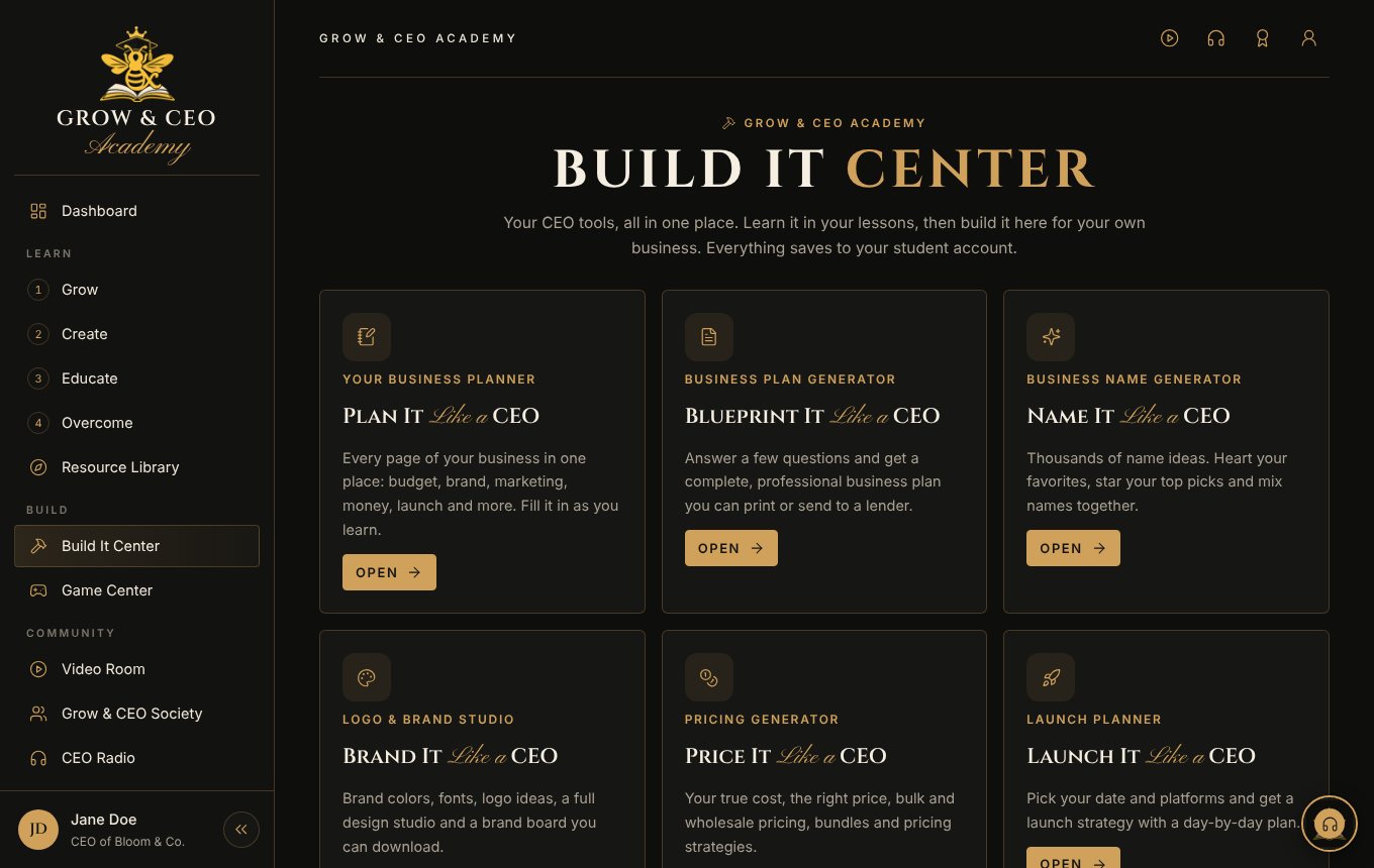The Build It Center with cards for Plan It, Blueprint It, Name It, Brand It, Price It and Launch It Like a CEO