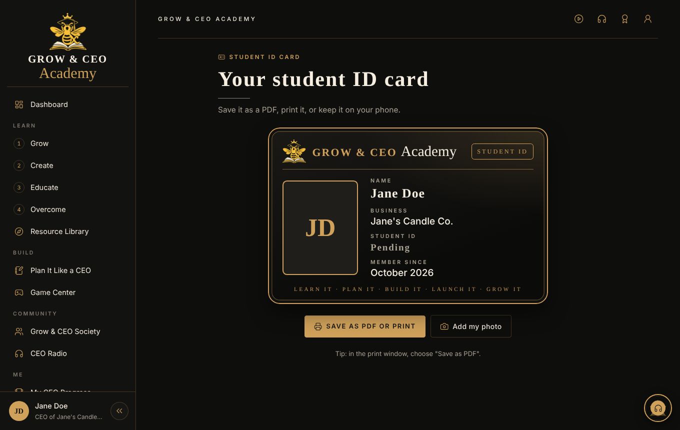 A sample student ID card for Jane Doe with the student ID shown as Pending