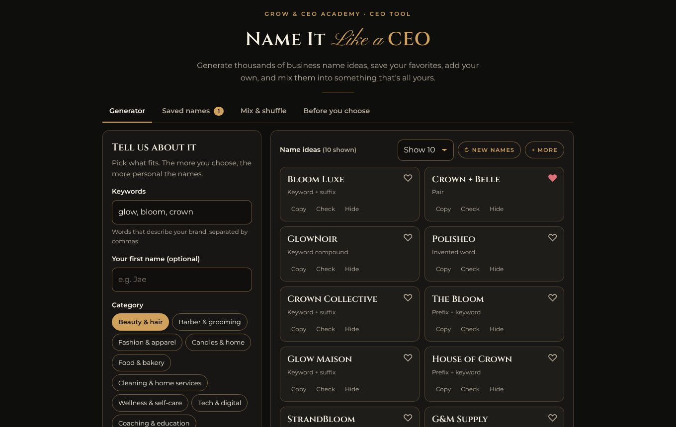 Name It Like a CEO showing business name ideas such as Bloom Luxe, Crown + Belle and Glow Maison